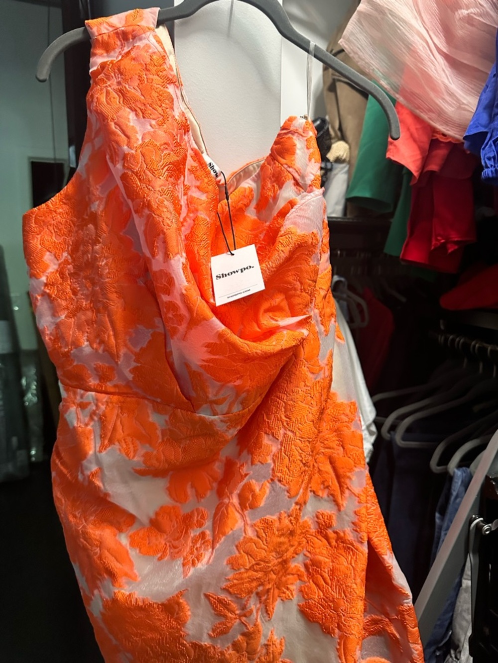 Showpo One-Shoulder Orange Floral Jacquard Dress